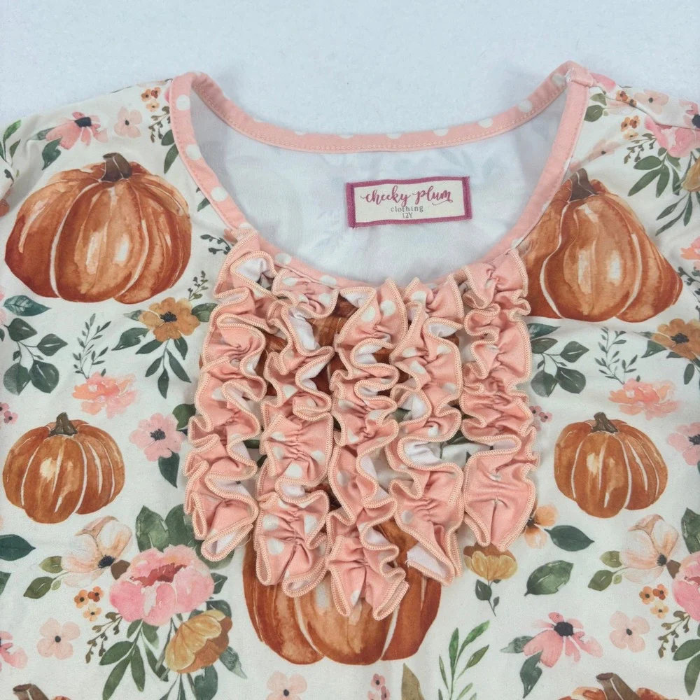 Cheeky Plum Girls Pumpkin Floral Ruffle‎ Pajama Set Pink Polka Dot 12Y Autumn